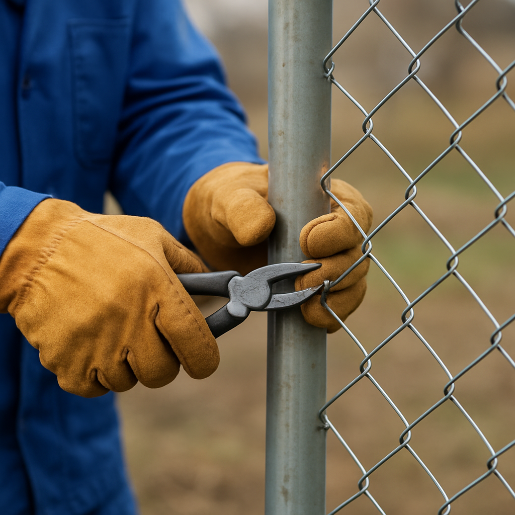 Chain link fence repair in progress